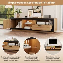 Merax Industrial Oak & Black LED TV Stand with Drawer & Glass Shelves in Natural - thumbnail 6