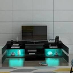EONLION Modern Large LED TV Unit Stand TV Cabinet Black - thumbnail 2
