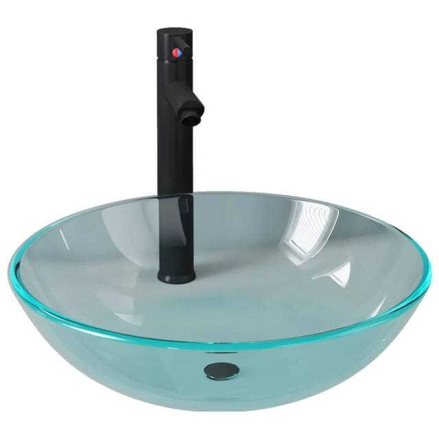 Berkfield Home Bathroom Sink with Tap & Push Drain Clear Tempered Glass in Black - image 1