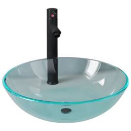 Berkfield Home Bathroom Sink with Tap & Push Drain Clear Tempered Glass in Black