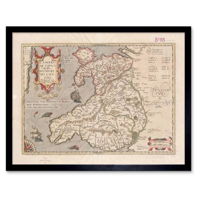 "Artery8 Hondius 1633 Welsh Latin Early Map Wales Cymru 12x16"" Framed Art Print in Beige - Size: W12"" x H16""" - image 1