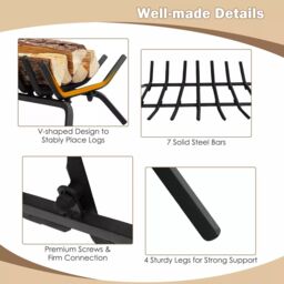 Costway V Shape Grill Fireplace Log Grate Heavy-Duty Iron Fireplace Log Holder w/ 7 Steel Bars in Black - thumbnail 3