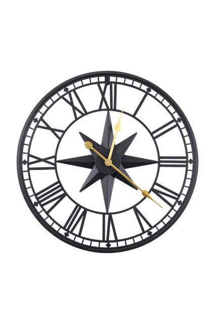 Living and Home 60cm Black Metal Roman Numeral Cut-Out Silent Wall Clock with Star-Embossed - image 1
