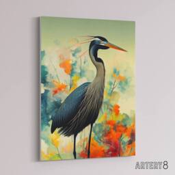 "Artery8 Heron Bird In Flower Field Canvas Wall Art Print - Size: W18"" x H24""" - thumbnail 2