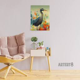 "Artery8 Heron Bird In Flower Field Canvas Wall Art Print - Size: W18"" x H24""" - thumbnail 3