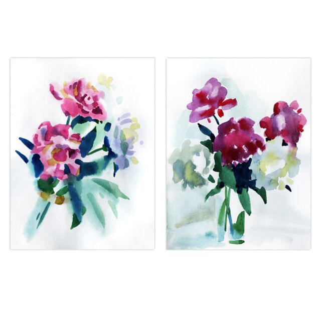 Artery8 Wall Art Print Pack of 2 A4 Spring Flower Pink & White Bouquet in Glass Vase Floral Watercolour Painting Living Room s Set - image 1