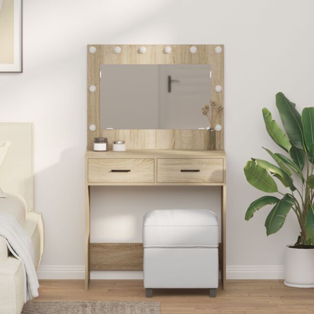 Berkfield Home Dressing Table with LED Lights Sonoma Oak 78.5x41x135 cm in Beige - image 1