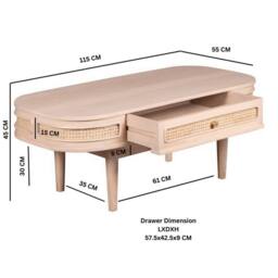 Indian Hub Valencia 1 Drawer Coffee Table - Cane & Mango Wood - L55xW115xH45 cm in Light Sand - thumbnail 6