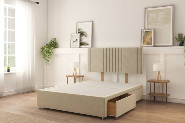 "Sloomy Langston Plush Divan Bed Base 2 Drawers Same Side With 26"" Strutted Headboard in Cream - Size: Single" - image 1
