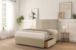 "Sloomy Langston Plush Divan Bed Base 2 Drawers Same Side With 26"" Strutted Headboard in Cream - Size: Single" - thumbnail 2