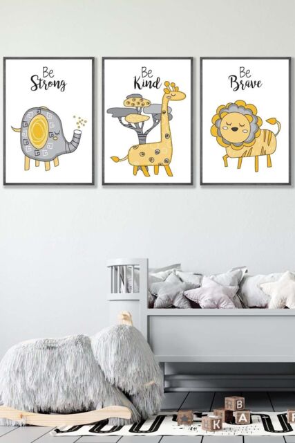ARTZE Set of 3 Dark Grey Framed Scandi Nursery Elephant Animals Quote Yellow Grey Wall Art in Bright Yellow - Size: W45 cm x H62 cm x D20mm - image 1