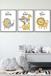 ARTZE Set of 3 Dark Grey Framed Scandi Nursery Elephant Animals Quote Yellow Grey Wall Art in Bright Yellow - Size: W45 cm x H62 cm x D20mm