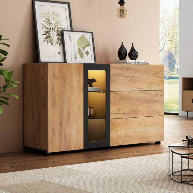 Matteo Modern LED Sideboard - Glass Display & 3 Drawers - Black & Brown - image 1