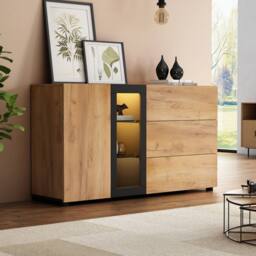 Matteo Modern LED Sideboard - Glass Display & 3 Drawers - Black & Brown