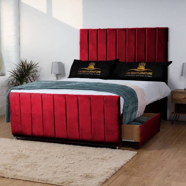 UK Bed Furniture Hampton Divan Bed with 2 Drawers Same Side & 26 Inch headboard in Maroon - Size: Small Double - image 1