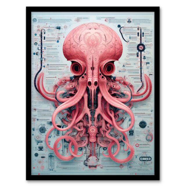 Artery8 Wall Art Print Weapons Grade Octopus Robot Hybrid Secret Military Schematic Blue Futuristic Complex Arcane Manuscript Gift For Him Man Cave - image 1