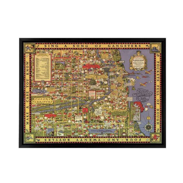 "Artery8 Erickson 1931 Map of Chicago Gangland Framed Canvas Wall Art Print - Size: W12"" x H16""" - image 1