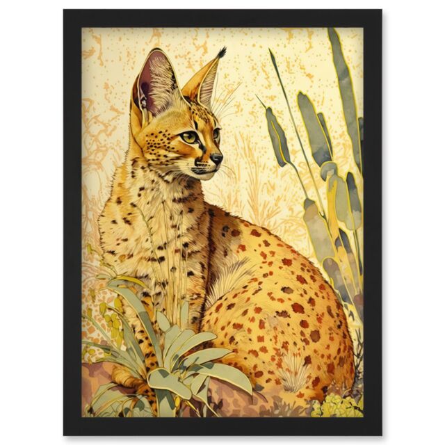 Artery8 Serval Cat in Nature Detailed Watercolour & Ink Bright Illustration Artwork Framed Wall Art Print A4 in Black - image 1