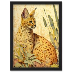 Artery8 Serval Cat in Nature Detailed Watercolour & Ink Bright Illustration Artwork Framed Wall Art Print A4 in Black - thumbnail 1