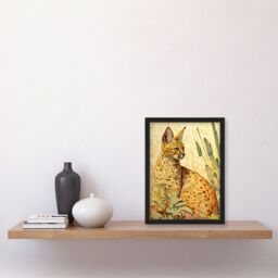 Artery8 Serval Cat in Nature Detailed Watercolour & Ink Bright Illustration Artwork Framed Wall Art Print A4 in Black - thumbnail 2
