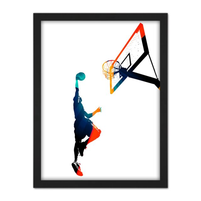 "Artery8 Wall Art Print Basketball Jump Hoop Ball Dunk Large Framed Wall Décor Art in White - Size: W18"" x H24""" - image 1