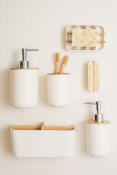 Orsina Subtle White Lotion Dispenser With Bamboo Fibre Body, Liquid Soap Pump For Hand Wash, Moisturizer Dispenser - thumbnail 3