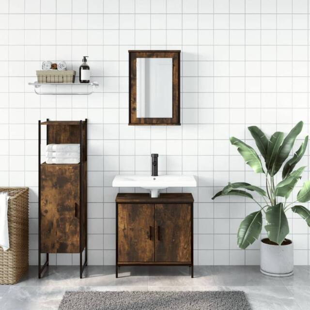 Berkfield Home Durable 3 Piece Bathroom Furniture Set Smoked Oak Engineered Wood in Brown - image 1