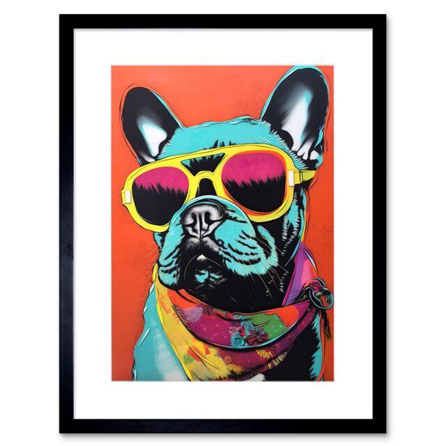 "Artery8 Wall Art Print French Bulldog Wearing Sunglasses & Bandana Artwork Framed 9X7 Inch in Black - Size: W7"" x H9""" - image 1
