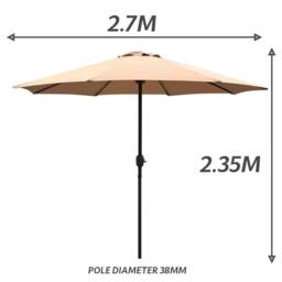 Nordara Khaki 2.7M Garden Parasol Lightweight Patio Sun Shade Umbrella - thumbnail 2