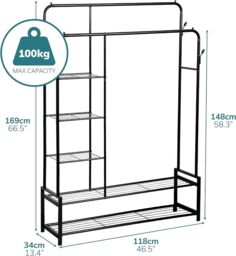 House of Home Double Clothes Rail Heavy Duty Freestanding with 2 Shoe Racks 3 Shelves 4 Hooks in Black - thumbnail 2