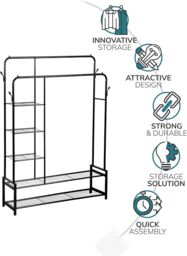 House of Home Double Clothes Rail Heavy Duty Freestanding with 2 Shoe Racks 3 Shelves 4 Hooks in Black - thumbnail 4