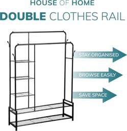 House of Home Double Clothes Rail Heavy Duty Freestanding with 2 Shoe Racks 3 Shelves 4 Hooks in Black - thumbnail 3