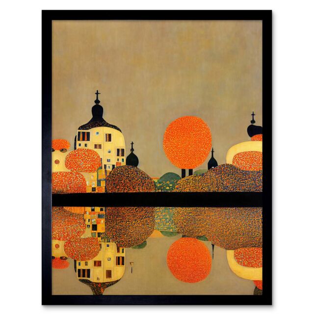 "Artery8 Wall Art Print Gustav Klimt Style Autumn Lakeside Town Church Reflection Art Framed in Black - Size: W12"" x H16""" - image 1