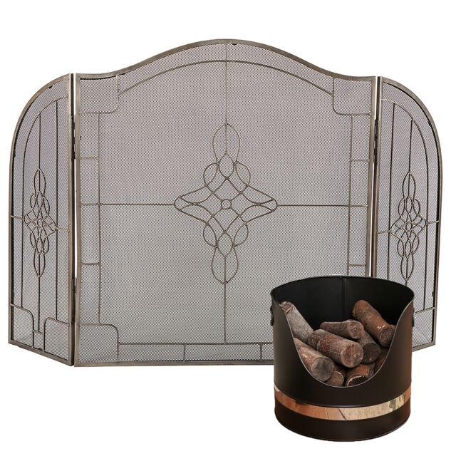 Dibor Black & Nickel Coal, Log, Kindling Bucket with Silver Three-Fold Firescreen - image 1