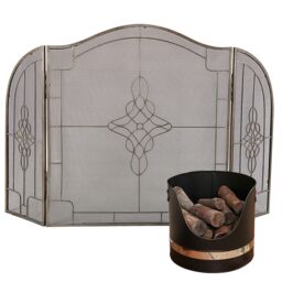 Dibor Black & Nickel Coal, Log, Kindling Bucket with Silver Three-Fold Firescreen