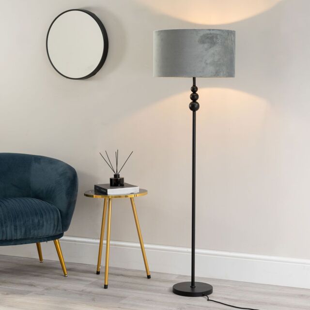 ValueLights Marissa Velvet Drum Shade with Black Stacked Ball Floor Lamp with LED Bulb in Grey - image 1