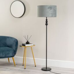 ValueLights Marissa Velvet Drum Shade with Black Stacked Ball Floor Lamp with LED Bulb in Grey - thumbnail 4
