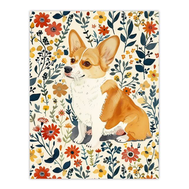 "Artery8 Pembroke Welsh Corgi Dog Lover Cute Floral Wall Art Print - Size: W12"" x H16""" - image 1