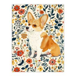 "Artery8 Pembroke Welsh Corgi Dog Lover Cute Floral Wall Art Print - Size: W12"" x H16""" - thumbnail 1