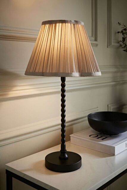 ValueLights Maeve Pleated Faux Silk Scallop Shade Matte Black Bobbin Bobble Table Lamp in Light Grey - image 1