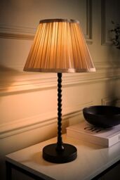 ValueLights Maeve Pleated Faux Silk Scallop Shade Matte Black Bobbin Bobble Table Lamp in Light Grey - thumbnail 2