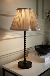 ValueLights Maeve Pleated Faux Silk Scallop Shade Matte Black Bobbin Bobble Table Lamp in Light Grey