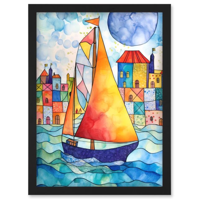 Artery8 Sailboat By Harbour Folk Art Artwork Framed Wall Art Print A4 in Black - image 1