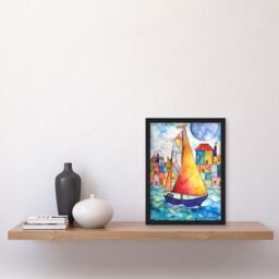 Artery8 Sailboat By Harbour Folk Art Artwork Framed Wall Art Print A4 in Black - thumbnail 2