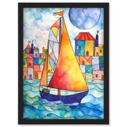 Artery8 Sailboat By Harbour Folk Art Artwork Framed Wall Art Print A4 in Black - thumbnail 1