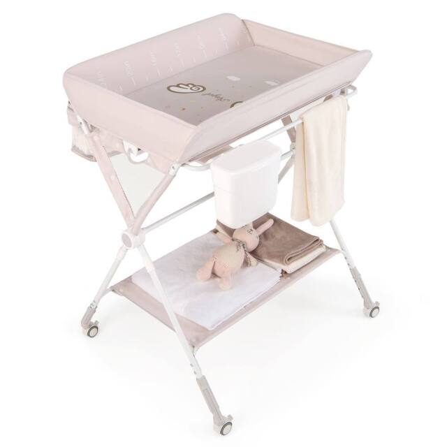 Gymax Folding Baby Changing Table Diaper Changing Station With Wheel & Shelf in Beige - image 1