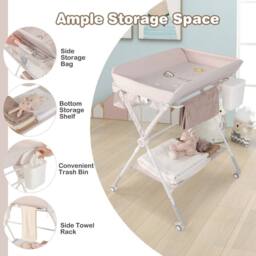 Gymax Folding Baby Changing Table Diaper Changing Station With Wheel & Shelf in Beige - thumbnail 4