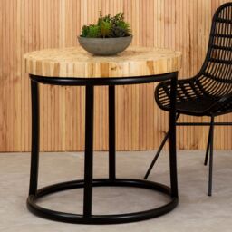 Orsina Round Teak Table with Black Iron Frame, Rustic Teak‑Inlaid Top & Minimalist Iron Base in Natural