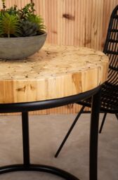 Orsina Round Teak Table with Black Iron Frame, Rustic Teak‑Inlaid Top & Minimalist Iron Base in Natural - thumbnail 4