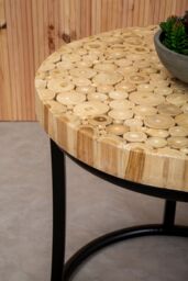 Orsina Round Teak Table with Black Iron Frame, Rustic Teak‑Inlaid Top & Minimalist Iron Base in Natural - thumbnail 5